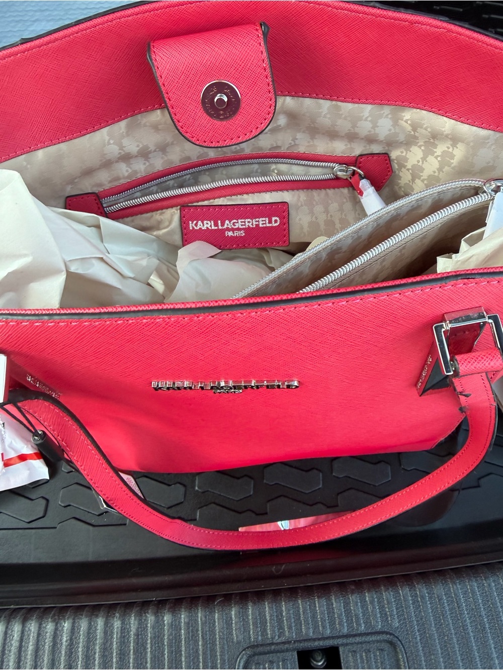 Karl Lagerfeld Paris Pink Embroidered Tote with Pouch NWT 2fer $328 Retail NWT - Picture 7 of 12